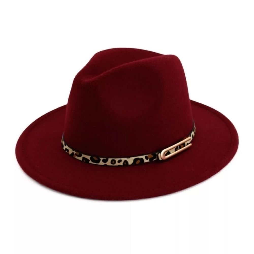 Burgundy Unisex Fedora Hat with Animal Print Belt